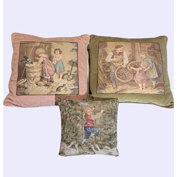 Vintage French Country Tapestry Throw Pillows Set of 3 Country Life Handmade - Picture 1 of 16